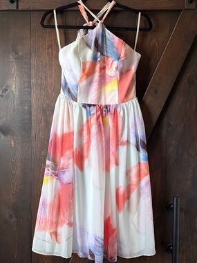 White House Black Market Coral, Pink & White Watercolor Halter Dress size 2